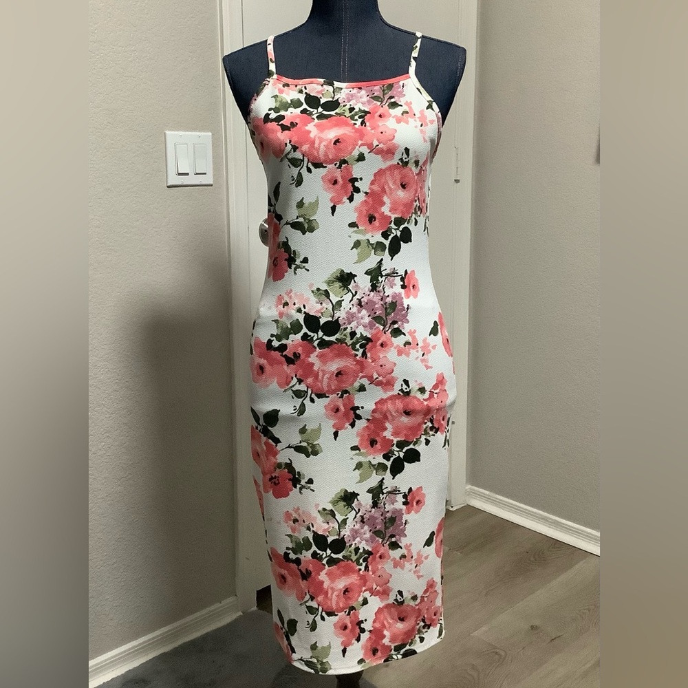 Sensational Collection White Coral Pink Floral Midi Slip Dress Women's Large